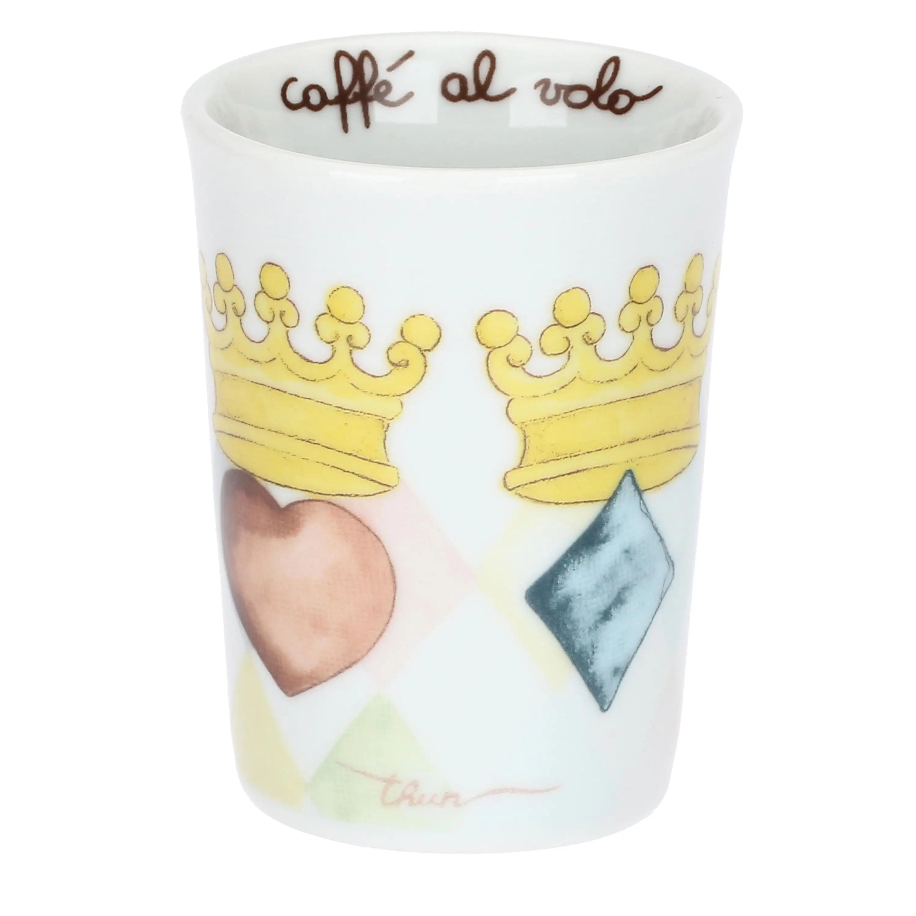 Caffeini in porcellana Thun collezione Incanto di Primavera. Design con motivo a rombi azzurro e bianco decorato con icone di chiavi dorate a forma di cuore e cuori pastello. Scritta interna "caffè al volo".