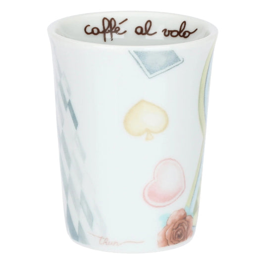 Caffeini in porcellana Thun collezione Incanto di Primavera. Design con motivo a rombi azzurro e bianco decorato con icone di chiavi dorate a forma di cuore e cuori pastello. Scritta interna "caffè al volo".