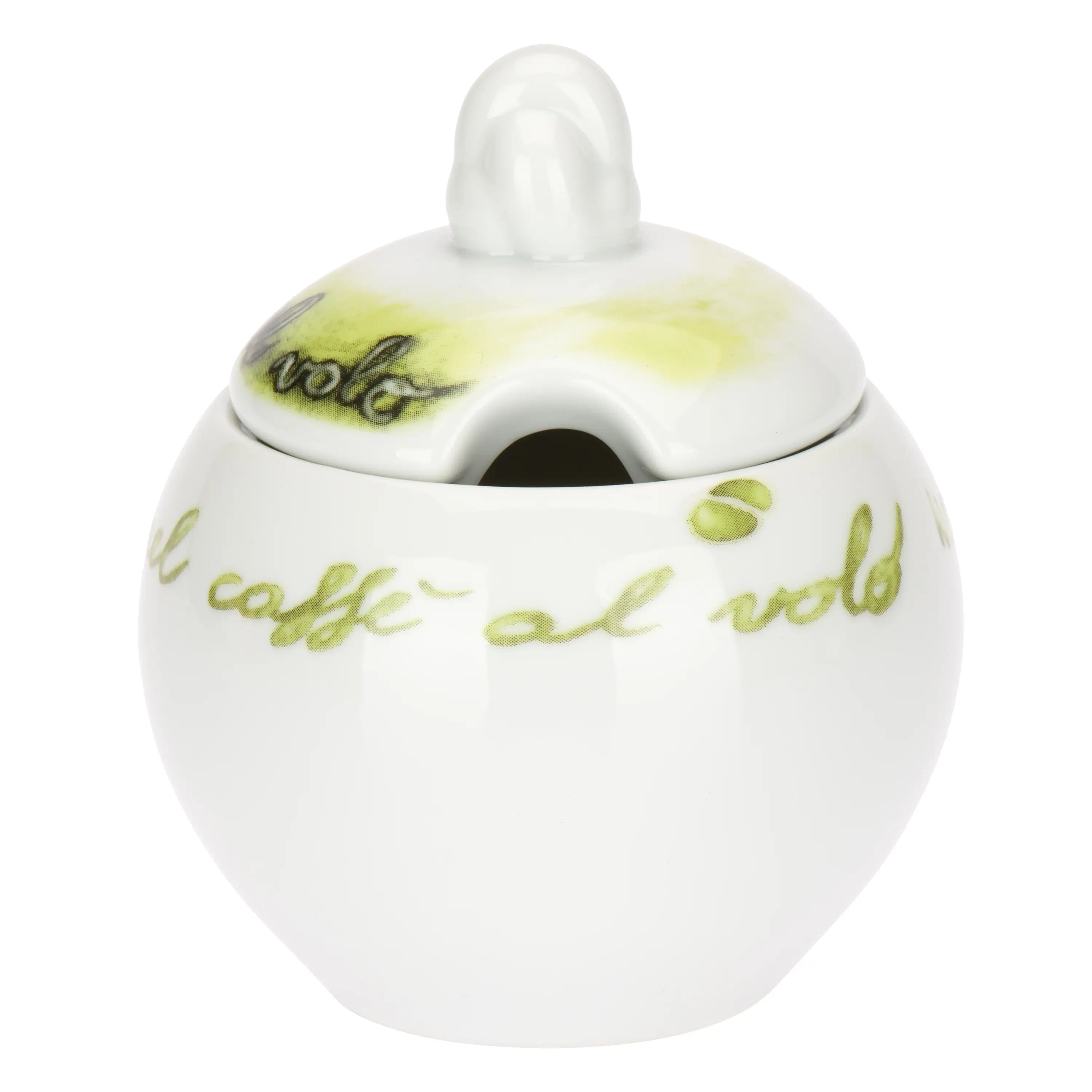 Il Set 2 Tazzine e Zuccheriera Caffealvolo Thun è un servizio in porcellana bianca caratterizzato da un design moderno con scritte calligrafiche artistiche e sfumature di verde. Il set comprende una zuccheriera decorata, due tazzine da espresso con l'iconico manico a forma di nuvola e piattini coordinati, ideale per una pausa caffè di stile o come vivace idea regalo.