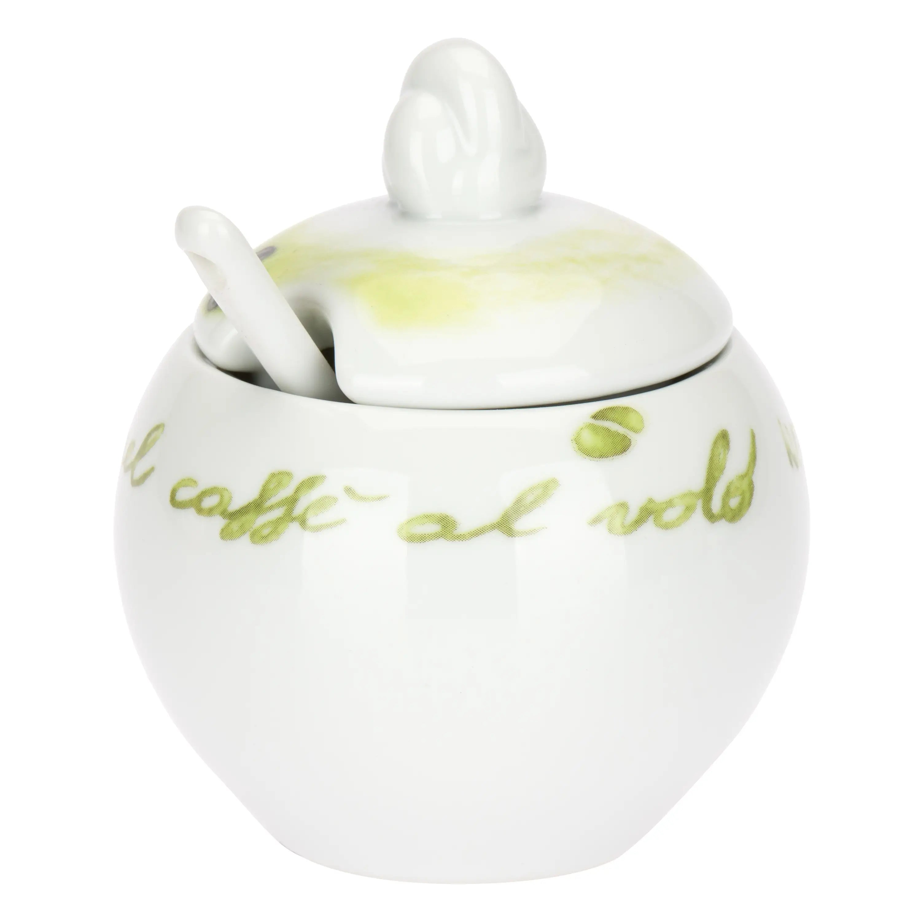 Questa Zuccheriera con Cucchiaio Caffealvolo in porcellana bianca è decorata con scritte artistiche e sfumature di verde che richiamano lo stile fresco e dinamico della linea. Il set comprende un cucchiaino coordinato con la scritta "caffè al volo", offrendo un accessorio da tavola funzionale e dal design originale perfetto per completare il tuo angolo caffè o come idea regalo.