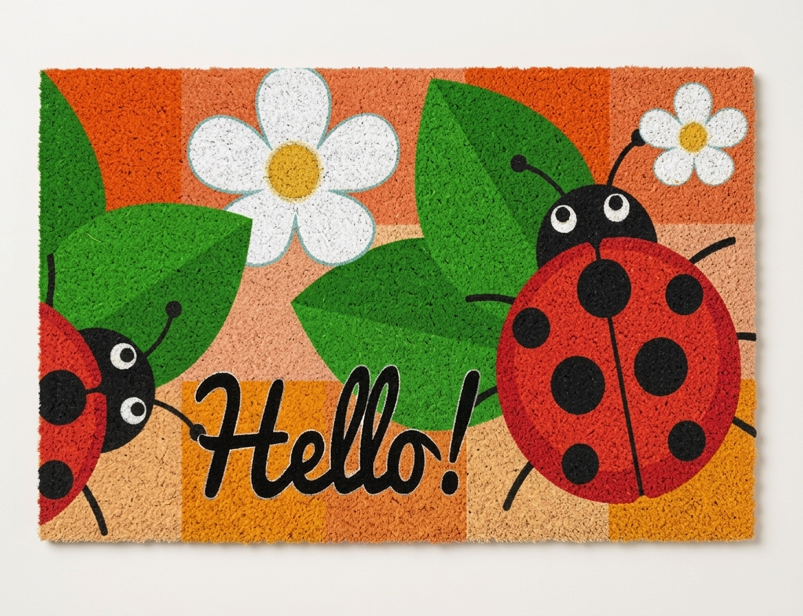 Uno sfondo a scacchi arancioni e ambra con grandi foglie verdi e la scritta dinamica "Hello!". La coccinella in primo piano aggiunge un tocco di vivacità.
