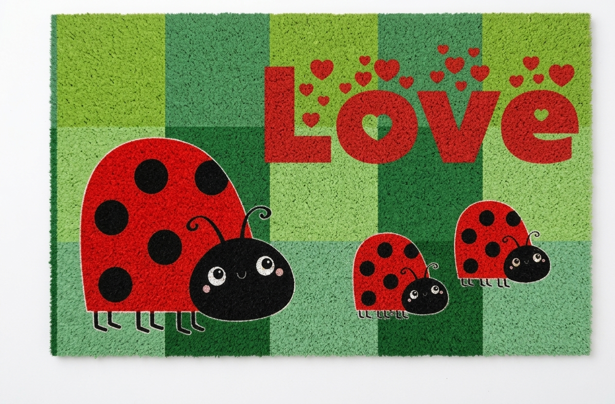 Ideale per chi vuole trasmettere affetto, presenta la scritta "Love" decorata con piccoli cuori e una famiglia di coccinelle sorridenti su un fondo verde a bande verticali.