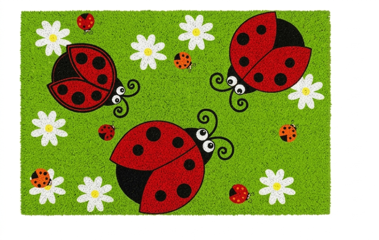 Un design pulito su sfondo verde prato, dove numerose coccinelle di varie dimensioni volano tra piccole margherite.