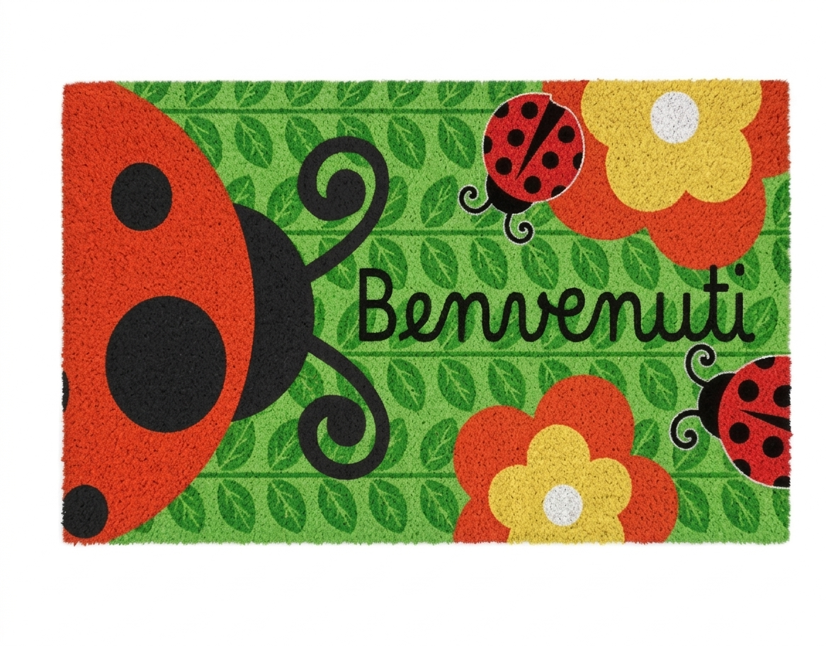 Presenta la scritta "Benvenuti" su un sofisticato sfondo a trama di foglie verdi, con fiori stilizzati arancioni e una grande coccinella che entra lateralmente nell'inquadratura.