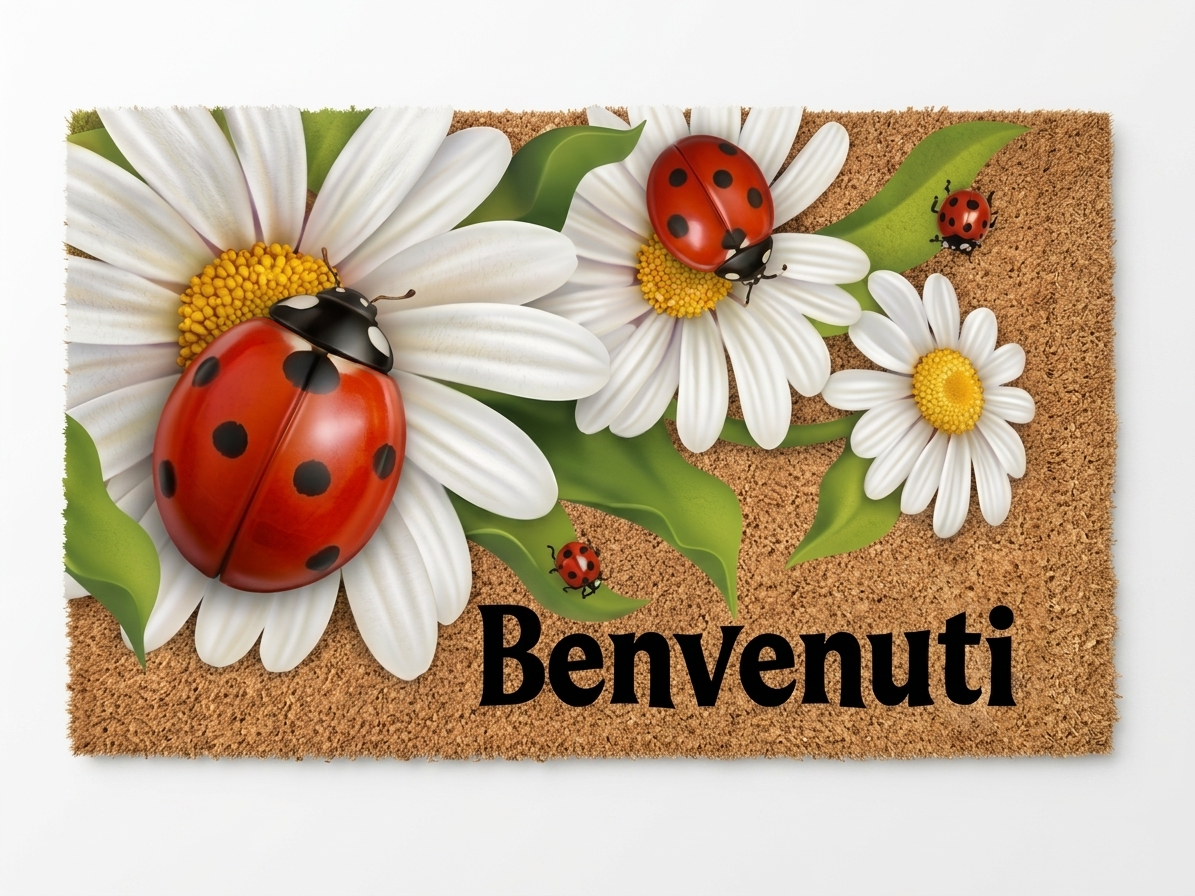 Il più realistico della serie, con grandi margherite bianche e coccinelle dettagliate su un fondo che richiama la fibra naturale del cocco, completato dalla scritta "Benvenuti".