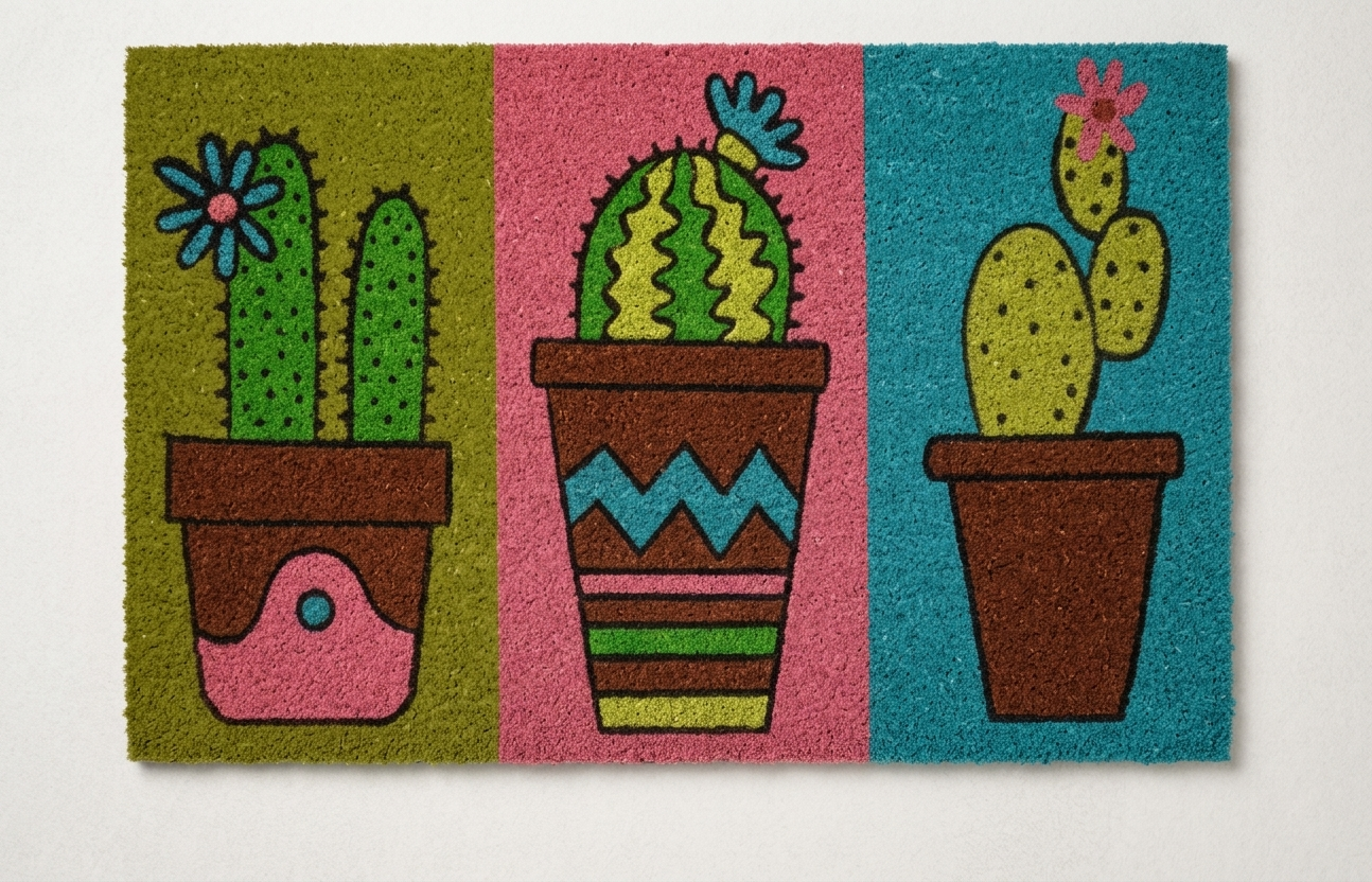 Focus principale su diverse tipologie di cactus con piccoli fiori colorati, presentati in vasi decorati con motivi a zig-zag o pois.