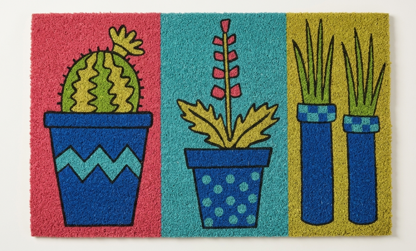 Focus principale su diverse tipologie di cactus con piccoli fiori colorati, presentati in vasi decorati con motivi a zig-zag o pois.