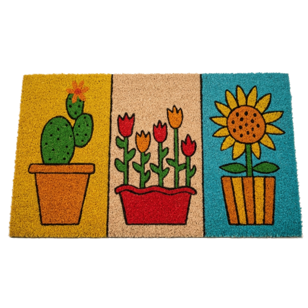 Mix eclettici che combinano girasoli, tulipani e cactus in vasi variopinti o bottiglie decorative.