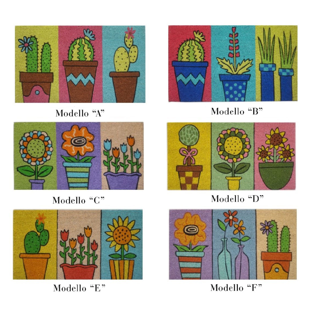 Sei modelli di zerbini rettangolari decorati con illustrazioni colorate di cactus, girasoli e tulipani in vasi, suddivisi in tre sezioni cromatiche verticali.
