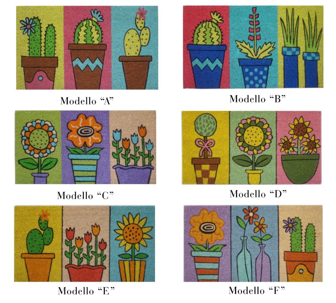 Sei modelli di zerbini rettangolari decorati con illustrazioni colorate di cactus, girasoli e tulipani in vasi, suddivisi in tre sezioni cromatiche verticali.