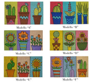 Sei modelli di zerbini rettangolari decorati con illustrazioni colorate di cactus, girasoli e tulipani in vasi, suddivisi in tre sezioni cromatiche verticali.