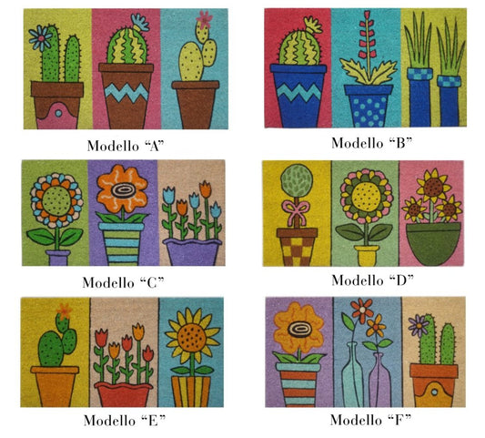 Sei modelli di zerbini rettangolari decorati con illustrazioni colorate di cactus, girasoli e tulipani in vasi, suddivisi in tre sezioni cromatiche verticali.