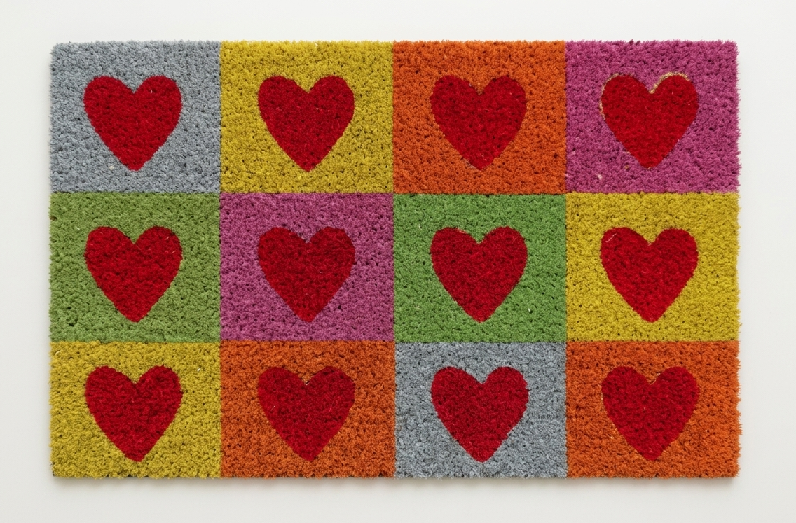 Una scacchiera geometrica multicolore (grigio, giallo, rosa, arancio) dove ogni riquadro ospita un cuore rosso classico. Perfetto per un ingresso ordinato ma vivace.