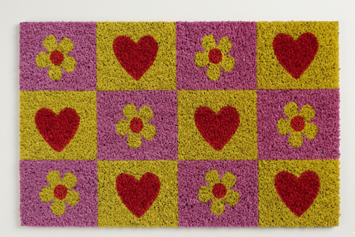 Un alternarsi di cuori rossi e margherite gialle su una base a scacchi rosa e gialla. Un design fresco che richiama la primavera.