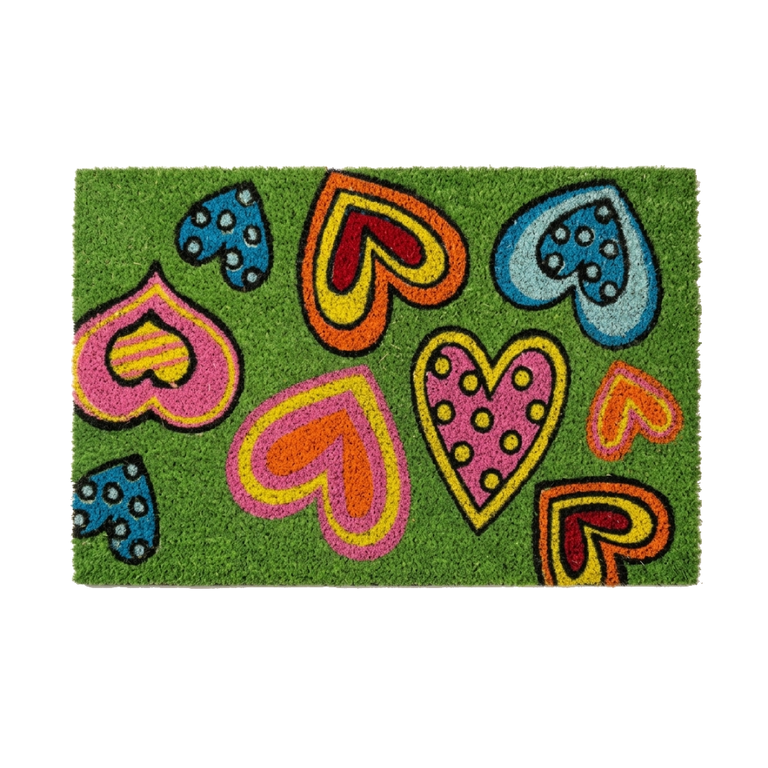 Cuori stilizzati ed eclettici, decorati con pois e trame interne, su uno sfondo verde prato. Ricorda lo stile dell'illustrazione d'autore.