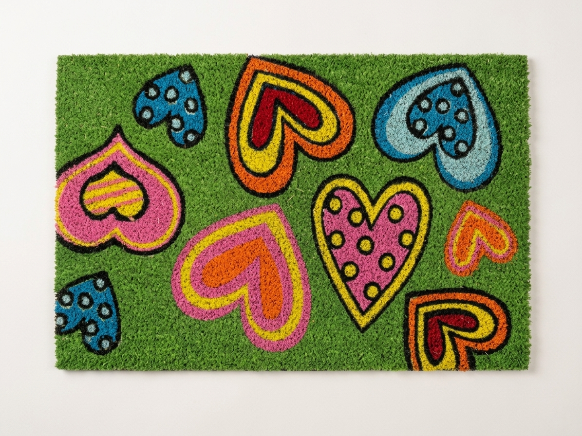 Cuori stilizzati ed eclettici, decorati con pois e trame interne, su uno sfondo verde prato. Ricorda lo stile dell'illustrazione d'autore.