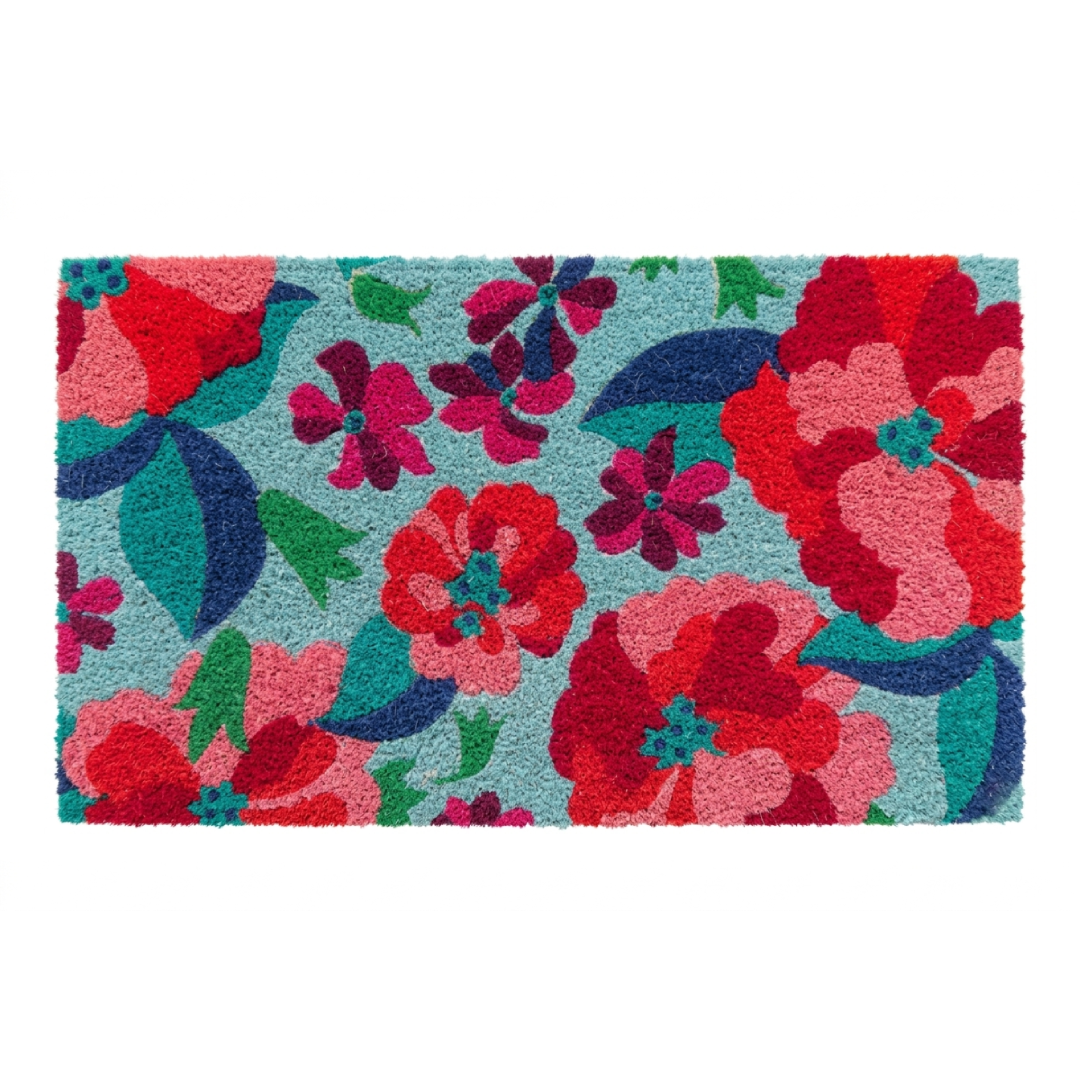 Un design astratto e moderno con fiori stilizzati in tonalità accese di rosso e fucsia su un vivace fondo azzurro.