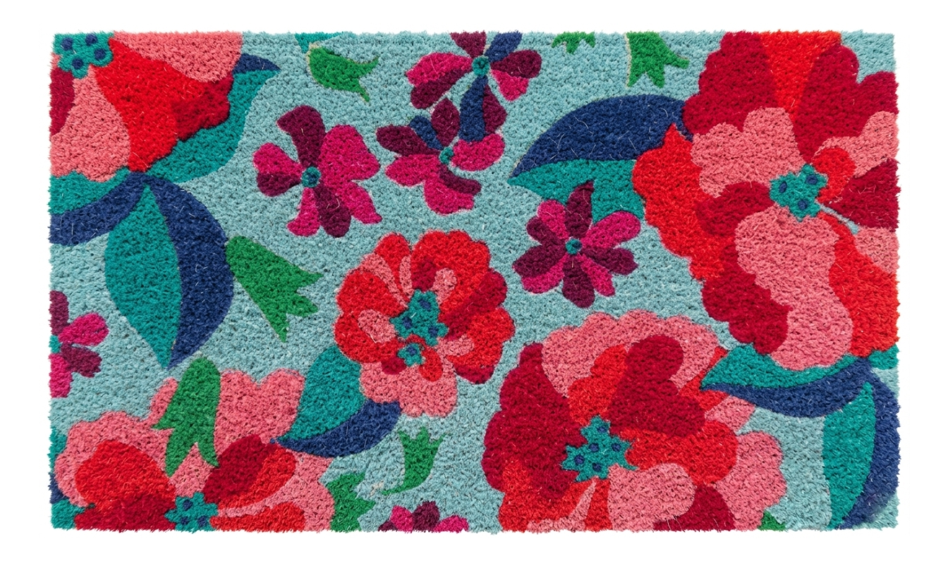 Un design astratto e moderno con fiori stilizzati in tonalità accese di rosso e fucsia su un vivace fondo azzurro.