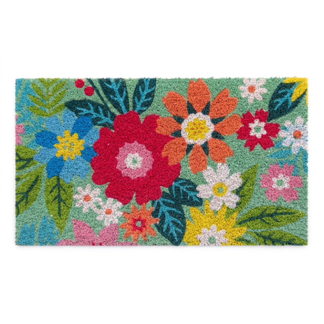 Un raffinato pattern botanico con fiori di diverse dimensioni e colori (rosso, blu, arancio) circondati da foglie verdi su fondo tiffany.