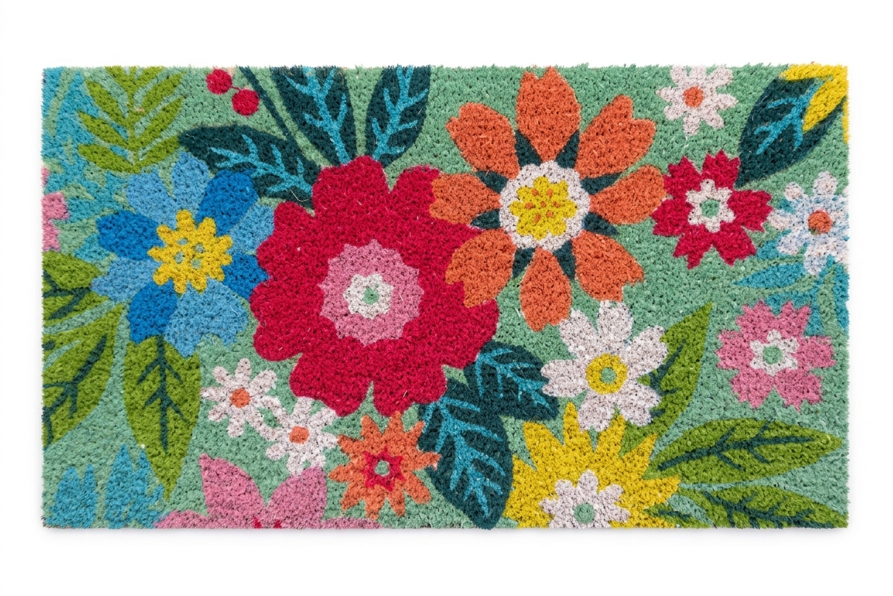 Un raffinato pattern botanico con fiori di diverse dimensioni e colori (rosso, blu, arancio) circondati da foglie verdi su fondo tiffany.
