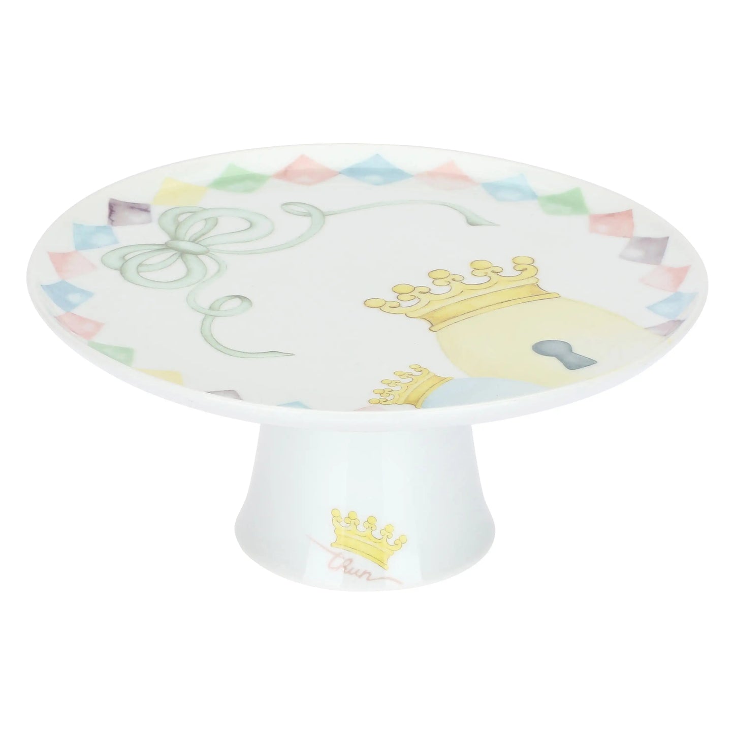 Alzata a due piani in porcellana bianca Thun della collezione "Incanto di Pasqua". Il design è caratterizzato da bordi ondulati e decorazioni floreali primaverili con icone Thun come icone e farfalle in tonalità pastello.