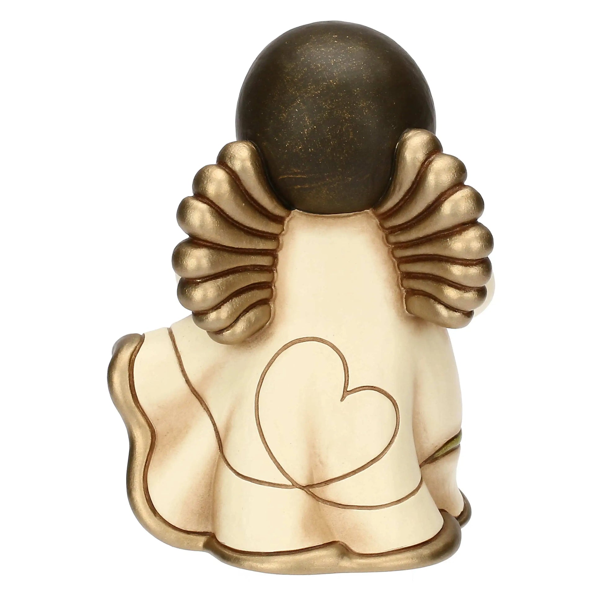 Statuina in ceramica Thun dell'Angelo dei Nonni Anna, collezione 2025. L'angelo è raffigurato con gli occhi chiusi, ali dorate e capelli castani. Indossa una veste color crema con bordi dorati e decorazioni floreali azzurre sulla parte inferiore. L'angelo tiene tra le mani un mazzo di fiori azzurri con foglie verdi, portandoli vicino al viso. Design classico Thun con finitura lucida e forme arrotondate.