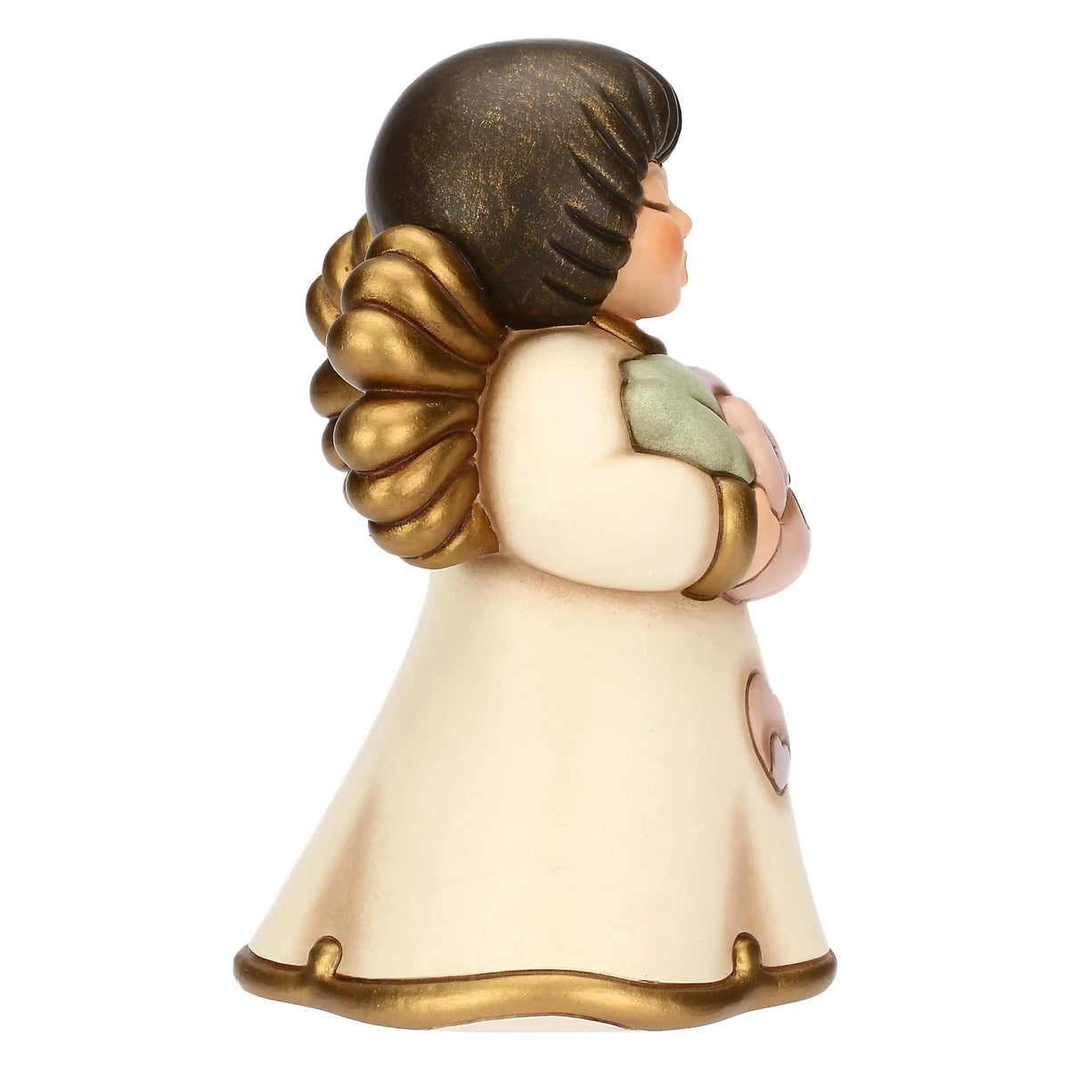 Statuina in ceramica THUN raffigurante un angelo con tunica viola che regge un fiore, edizione limitata per la Festa della Mamma.