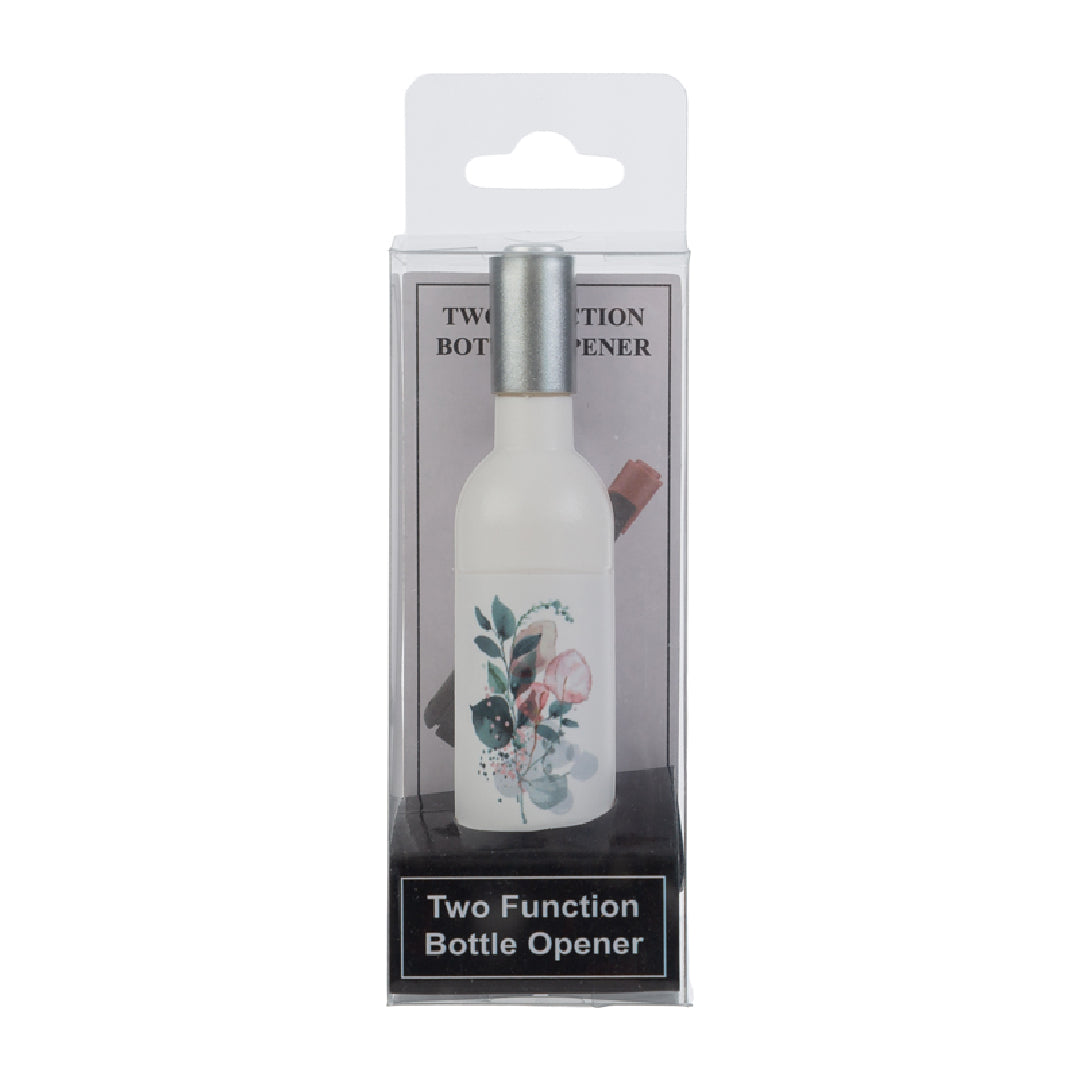 Apribottiglie a calamita a forma di mini bottiglia bianca decorata con motivo floreale acquerello nei toni rosa e verde, tappo argentato e confezione trasparente con etichetta "Two Function Bottle Opener". Simpatico apribottiglie multifunzione utile anche come calamita da frigo, ideale come bomboniera o idea regalo originale.