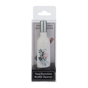 Apribottiglie a calamita a forma di mini bottiglia bianca decorata con motivo floreale acquerello nei toni rosa e verde, tappo argentato e confezione trasparente con etichetta "Two Function Bottle Opener". Simpatico apribottiglie multifunzione utile anche come calamita da frigo, ideale come bomboniera o idea regalo originale.
