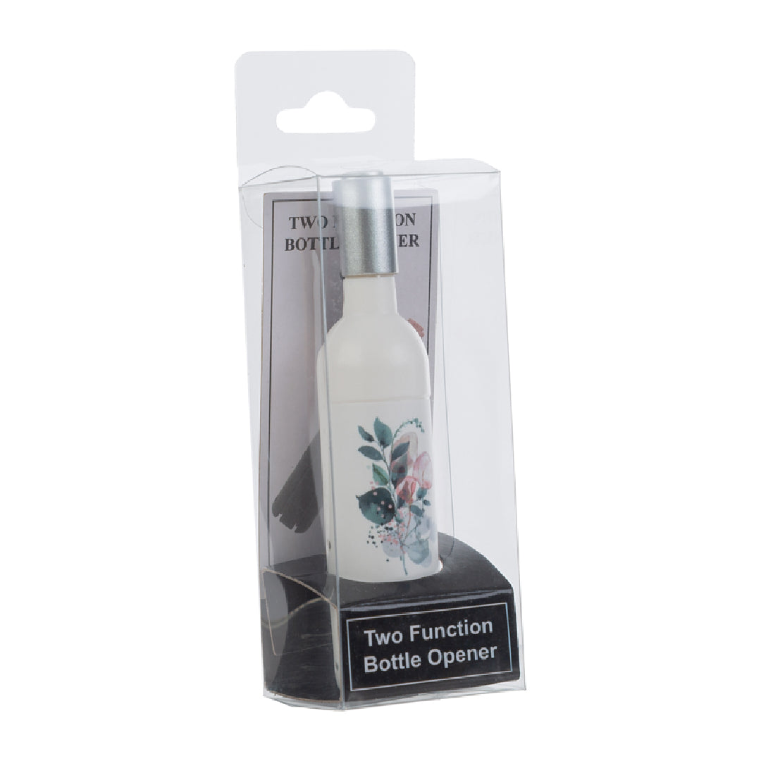Apribottiglie a calamita a forma di mini bottiglia bianca decorata con motivo floreale acquerello nei toni rosa e verde, tappo argentato e confezione trasparente con etichetta "Two Function Bottle Opener". Simpatico apribottiglie multifunzione utile anche come calamita da frigo, ideale come bomboniera o idea regalo originale.