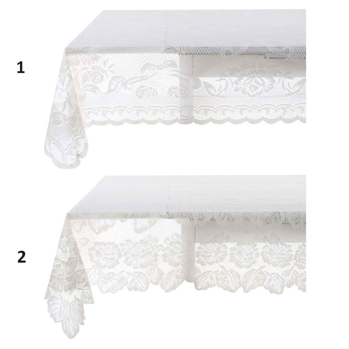 Tovaglia in pizzo bianco della collezione "Dentelle" di Blanc Mariclo' adatta per impreziosire la tavola con uno stile shabby chic ed elegante. Il dettaglio mostra due varianti assortite di tovaglie ricamate con motivi floreali e bordi smerlati ideali per la cucina o il soggiorno.