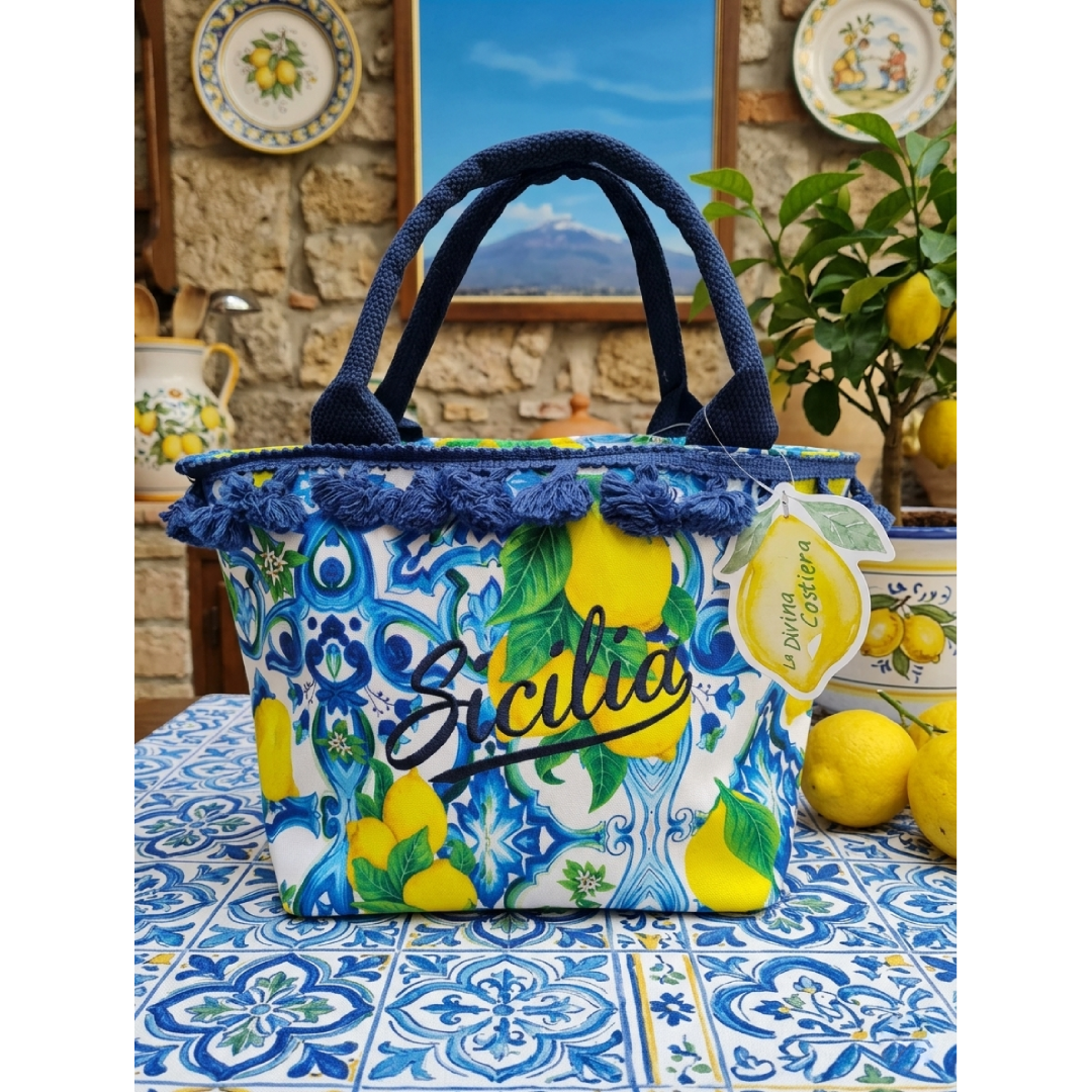 Borsetta con scritta a Fantasia Siciliana Blu "Amalfi"