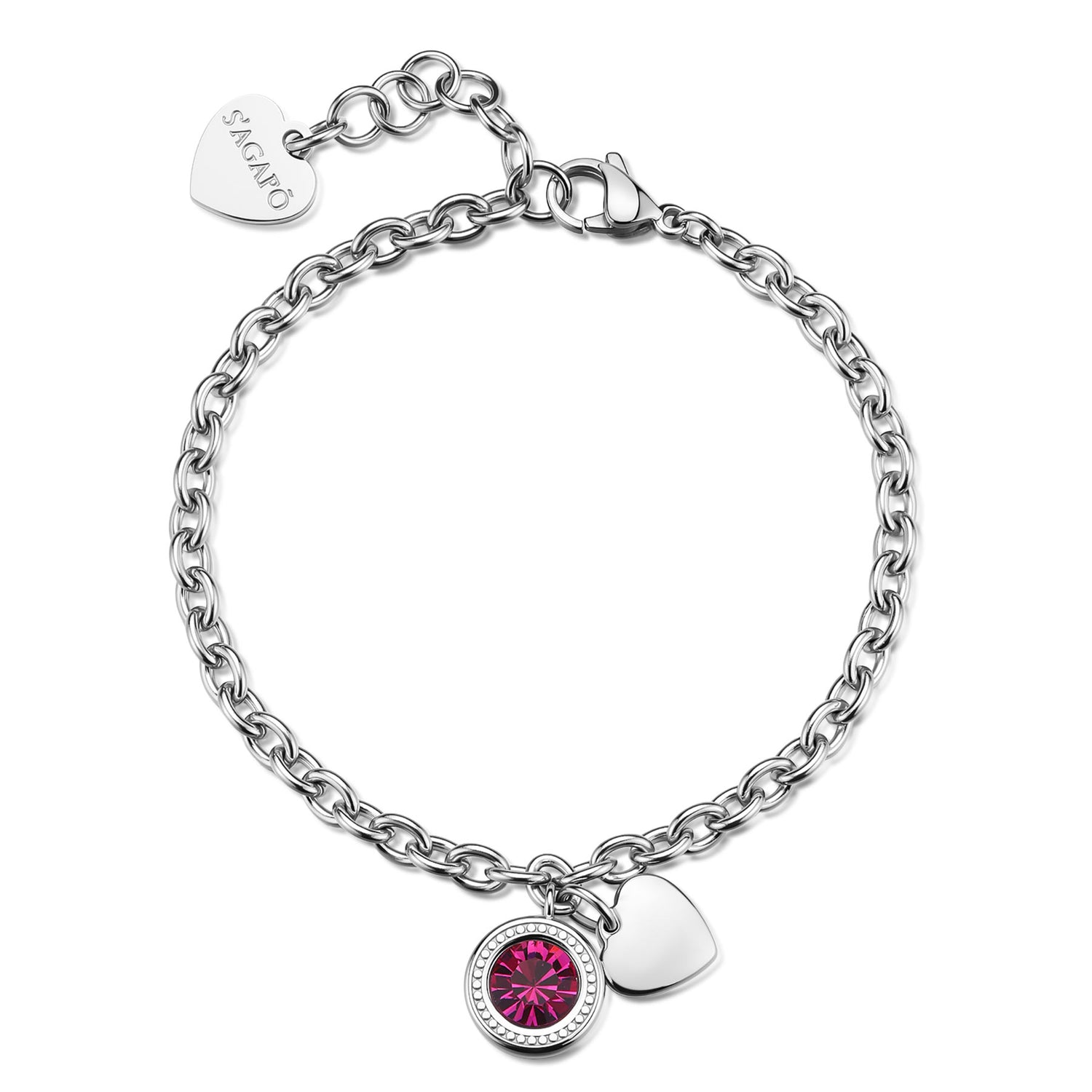 Bracciale in acciaio 316L a maglia classica ad anelli. Presenta un cristallo fucsia brillante circolare in una ghiera decorata e un charm a cuore lucido. Chiusura a moschettone con charm S'Agapò.