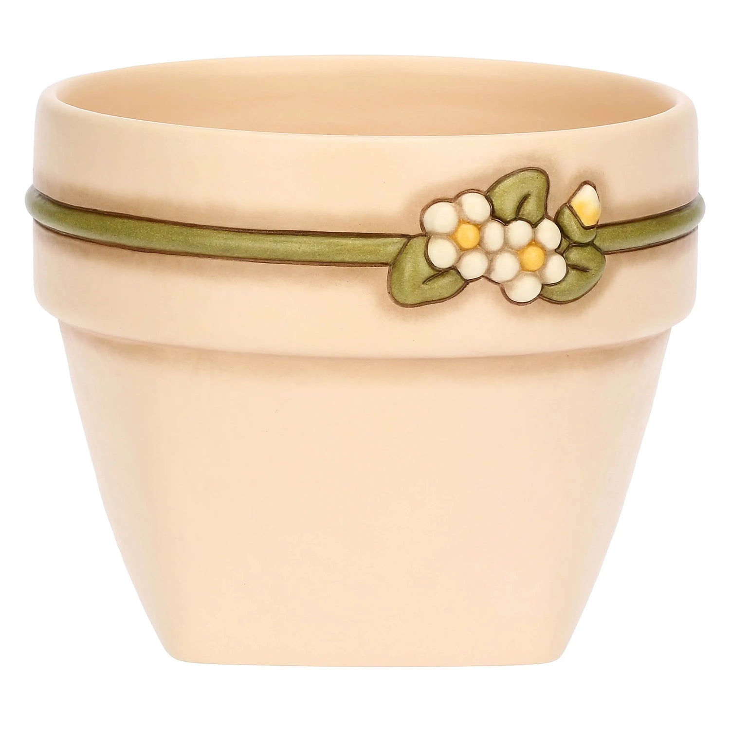 Cachepot piccolo in ceramica color crema con decoro a rilievo: linea sottile verde e fiori bianchi con centro giallo e foglie verdi su sfondo bianco neutro.
