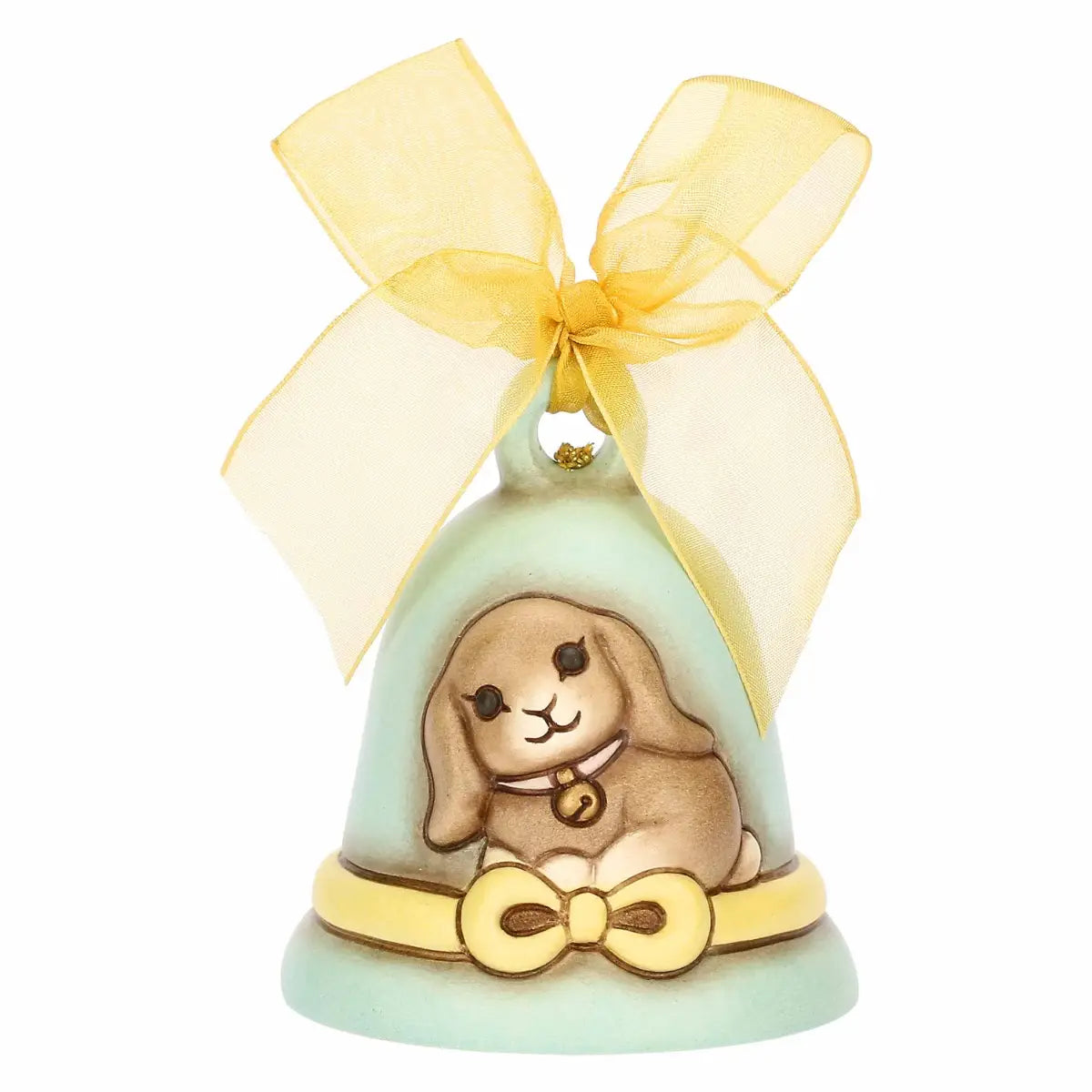Campanella pasquale Thun in ceramica azzurra, Limited Edition 2026 della collezione Incanto di Pasqua. La campanella è decorata con il coniglio Roger in rilievo, un nastro giallo dipinto alla base e un grande fiocco verde in organza sulla sommità. Design iconico Thun con colori sfumati per l'arredo casa di Pasqua.