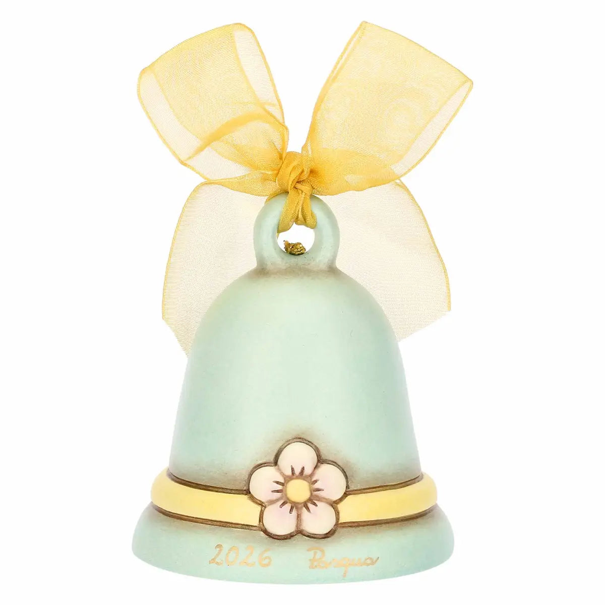 Campanella pasquale Thun in ceramica azzurra, Limited Edition 2026 della collezione Incanto di Pasqua. La campanella è decorata con il coniglio Roger in rilievo, un nastro giallo dipinto alla base e un grande fiocco verde in organza sulla sommità. Design iconico Thun con colori sfumati per l'arredo casa di Pasqua.