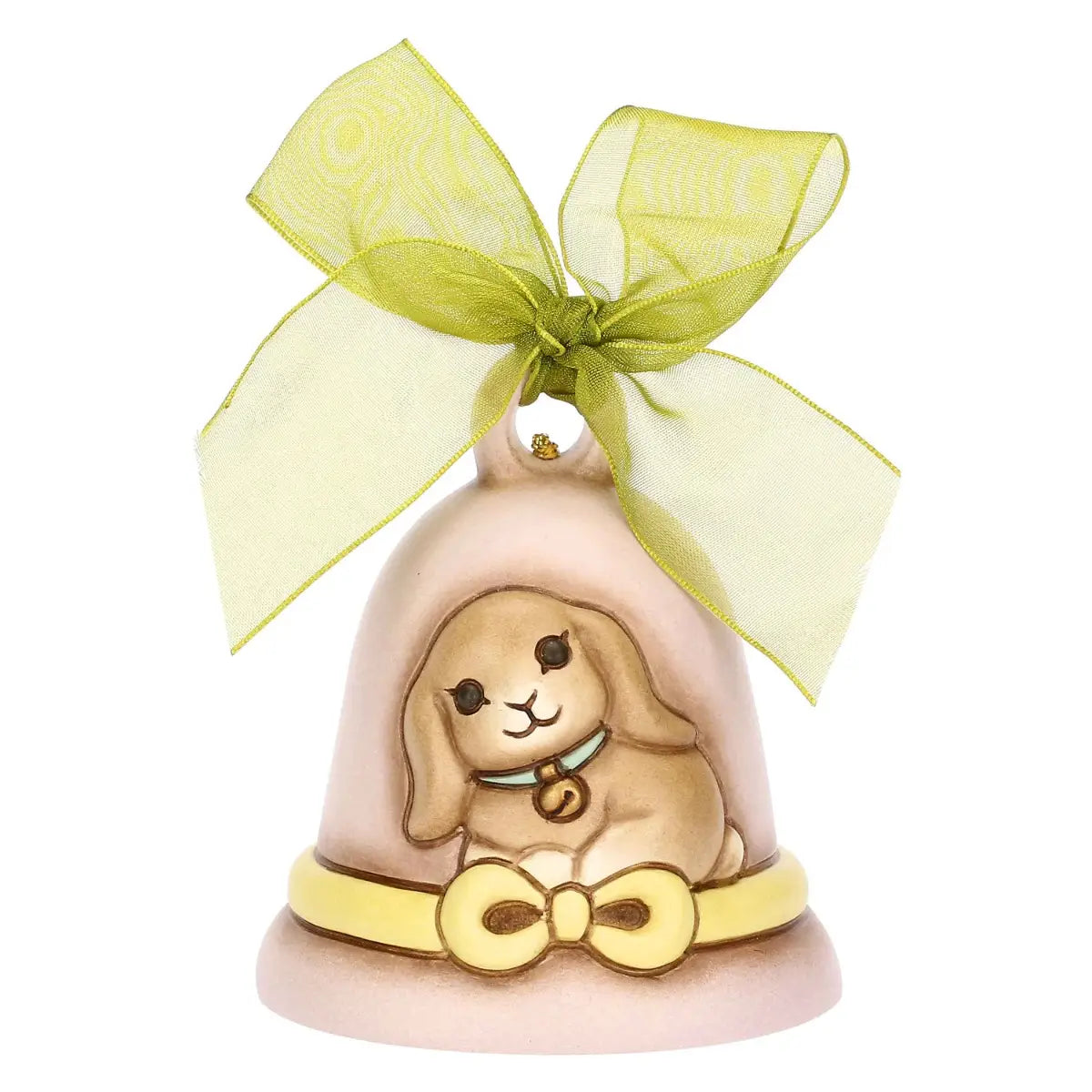 Campanella pasquale Thun in ceramica lilla, Limited Edition 2026 della collezione Incanto di Pasqua. La campanella è decorata con il coniglio Roger in rilievo, un nastro giallo dipinto alla base e un grande fiocco verde in organza sulla sommità. Design iconico Thun con colori sfumati per l'arredo casa di Pasqua.