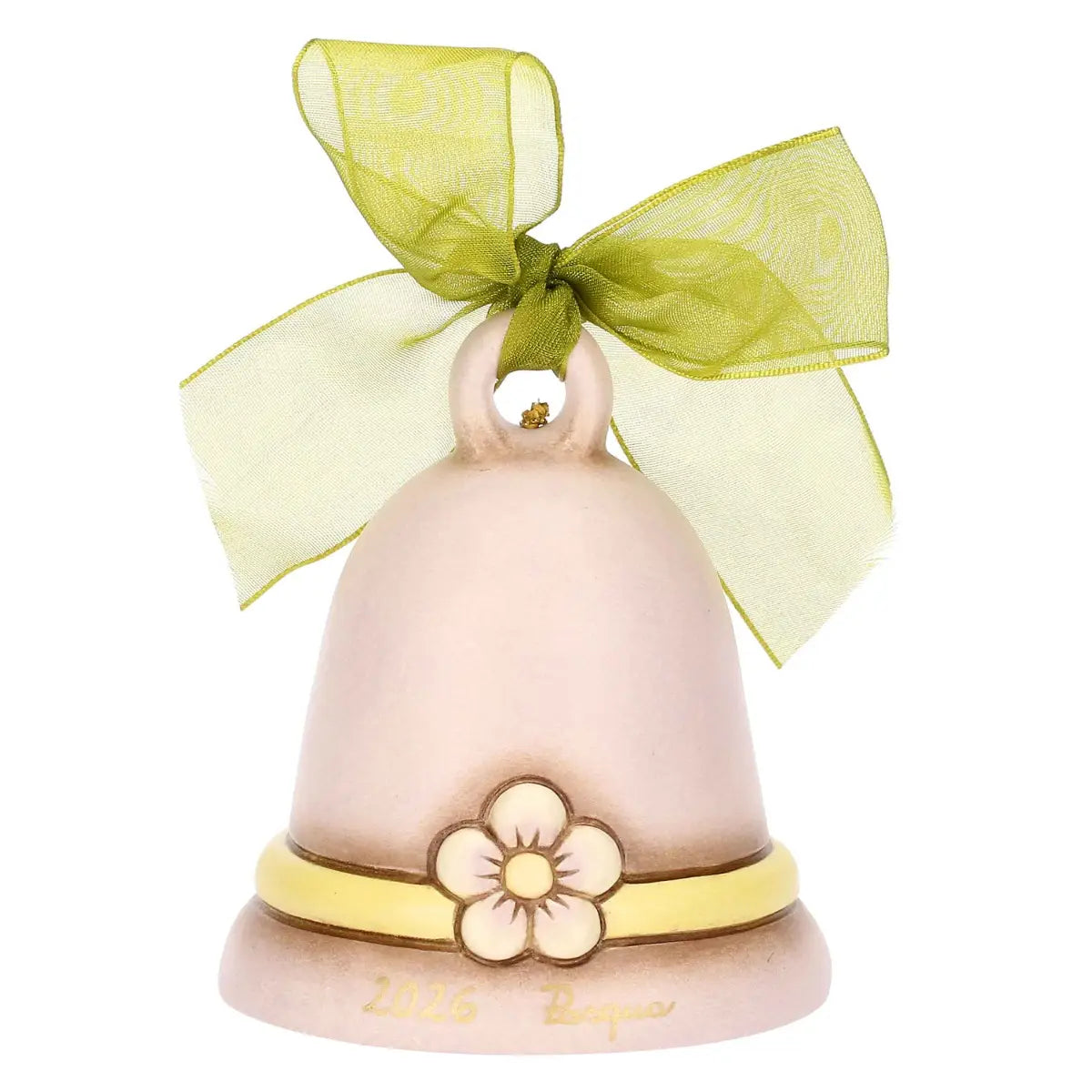 Campanella pasquale Thun in ceramica lilla, Limited Edition 2026 della collezione Incanto di Pasqua. La campanella è decorata con il coniglio Roger in rilievo, un nastro giallo dipinto alla base e un grande fiocco verde in organza sulla sommità. Design iconico Thun con colori sfumati per l'arredo casa di Pasqua.