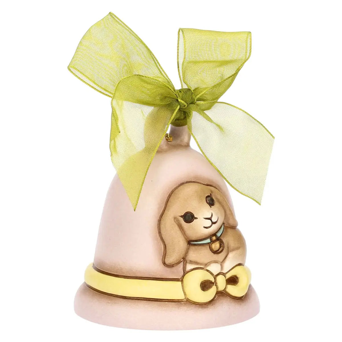 Campanella pasquale Thun in ceramica lilla, Limited Edition 2026 della collezione Incanto di Pasqua. La campanella è decorata con il coniglio Roger in rilievo, un nastro giallo dipinto alla base e un grande fiocco verde in organza sulla sommità. Design iconico Thun con colori sfumati per l'arredo casa di Pasqua.