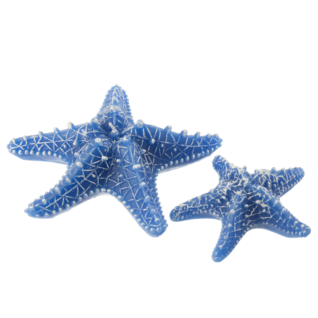 Candela a forma di stella marina grande blu del marchio Jolipa, ideale come oggetto decorativo per creare un'atmosfera estiva o per arredare in stile marinaro. L'accessorio presenta una superficie texturizzata con venature e rilievi bianchi ben definiti, fotografato in primo piano su sfondo bianco.
