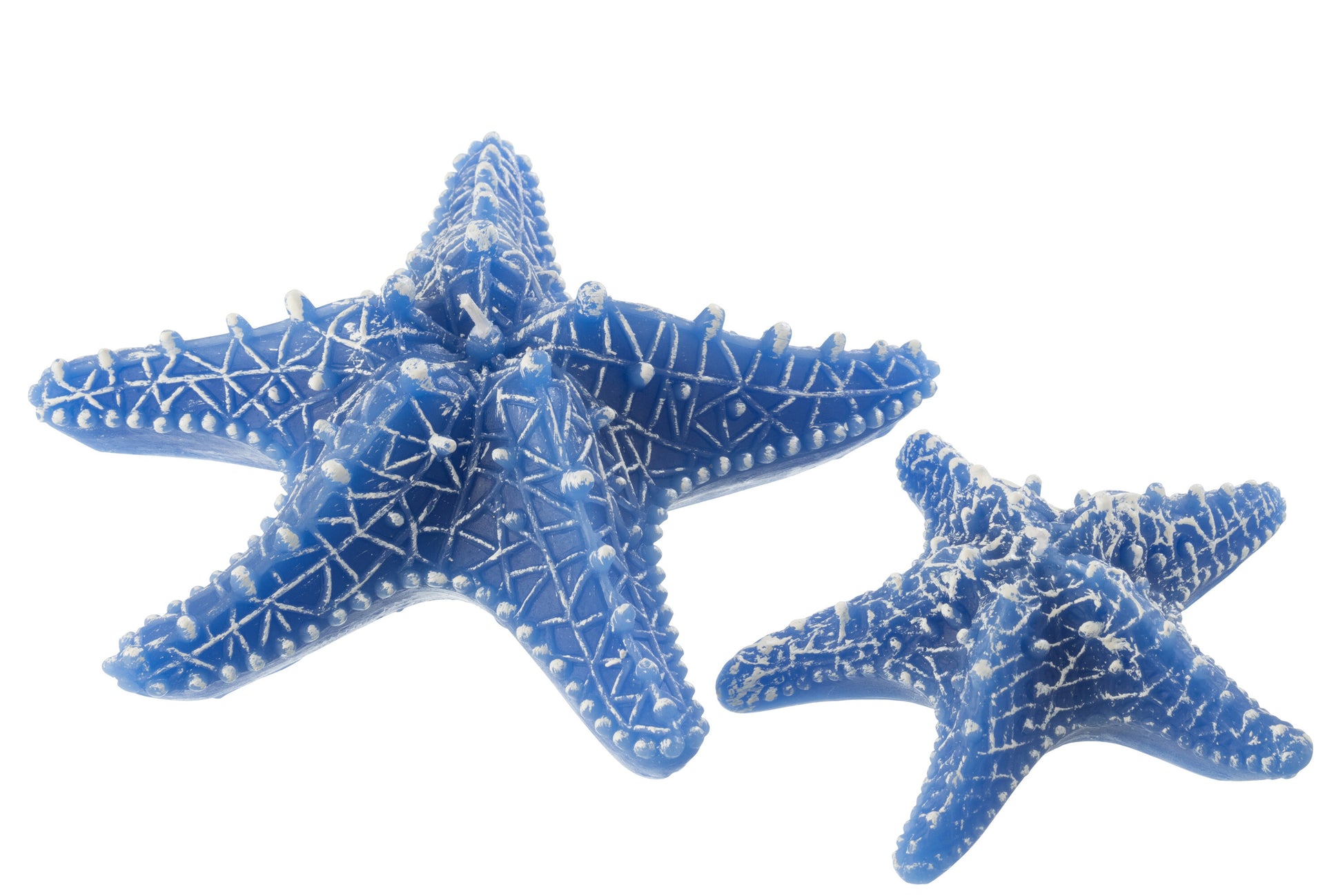 Candela a forma di stella marina grande blu del marchio Jolipa, ideale come oggetto decorativo per creare un'atmosfera estiva o per arredare in stile marinaro. L'accessorio presenta una superficie texturizzata con venature e rilievi bianchi ben definiti, fotografato in primo piano su sfondo bianco.