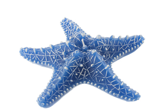 Candela a forma di stella marina grande blu del marchio Jolipa, ideale come oggetto decorativo per creare un'atmosfera estiva o per arredare in stile marinaro. L'accessorio presenta una superficie texturizzata con venature e rilievi bianchi ben definiti, fotografato in primo piano su sfondo bianco.