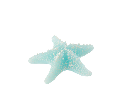 Candela a forma di stella marina piccola azzurra firmata Jolipa, perfetta come elemento decorativo e centrotavola per una casa in stile marino o costiero. Il complemento d'arredo presenta dettagli realistici in rilievo con sfumature bianche ed è fotografato su un fondo bianco isolato.