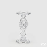 Candelabro in vetro trasparente modello Gemma firmato EDG Enzo de Gasperi, caratterizzato da uno stelo slanciato con un elemento centrale dalla raffinata lavorazione geometrica sfaccettata. Questo elegante portacandele di design è ideale come centrotavola decorativo per illuminare e impreziosire gli ambienti di casa.
