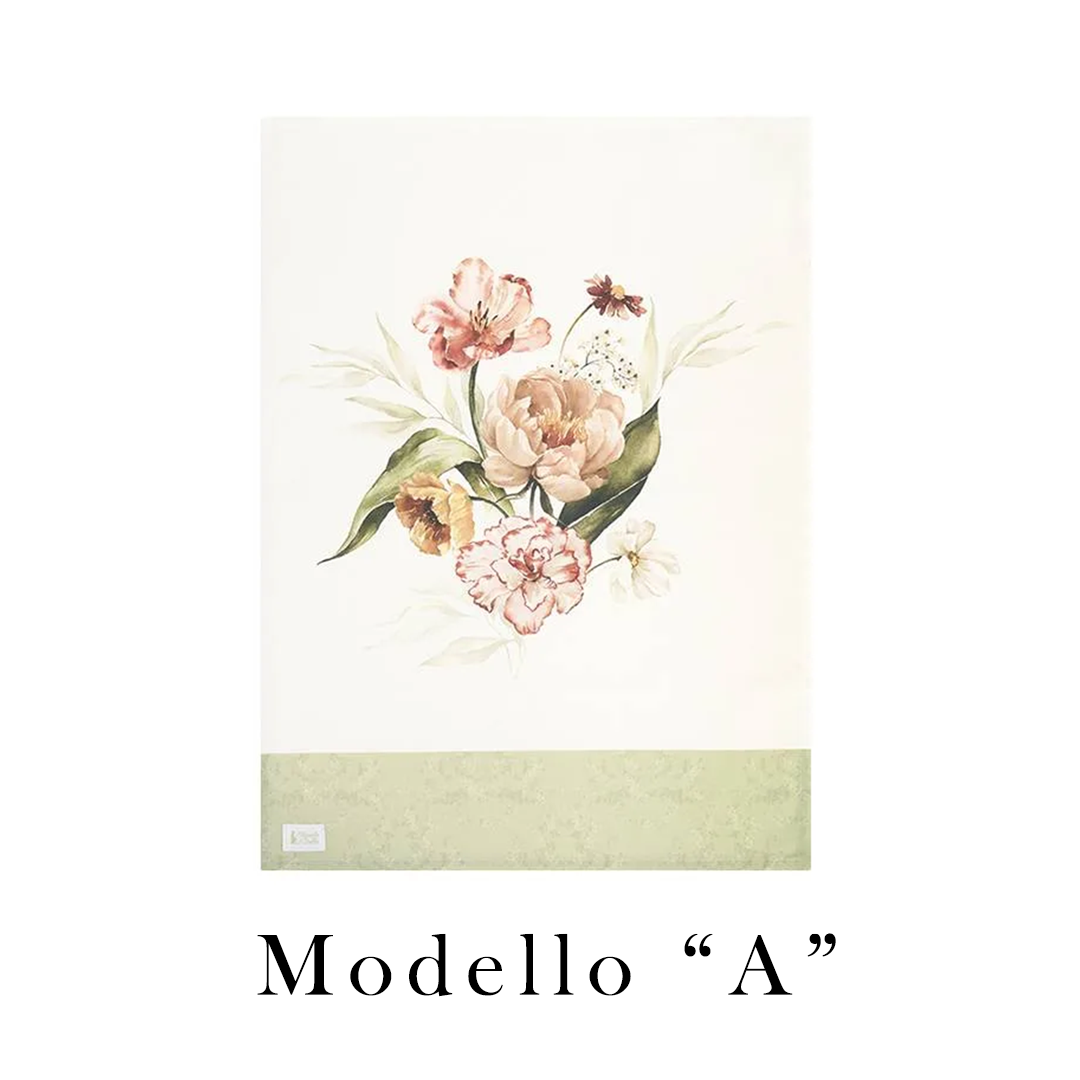 Coppia di canovacci decorativi Nuvole di Stoffa linea Flower Garden con stampe floreali vintage in tonalità pesca e arancio. Il Modello A un bouquet centrale; Entrambi presentano una balza finale in verde salvia.