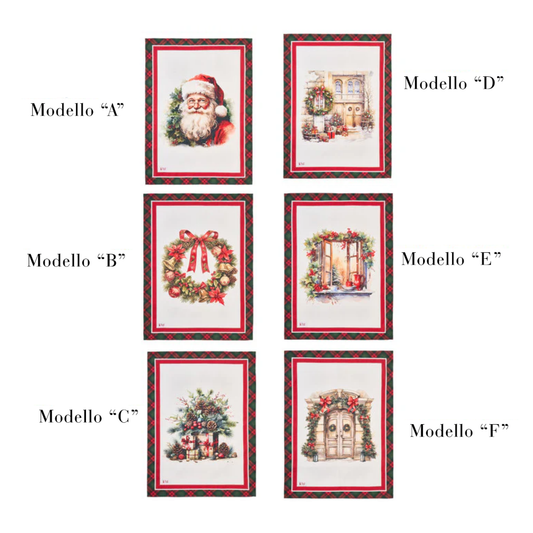 Sei varianti di canovacci natalizi Nuvole di Stoffa con illustrazioni pittoriche classiche. Ogni canovaccio presenta un bordo esterno a quadri scozzesi (tartan) verdi e rossi e una cornice interna rossa su fondo panna.