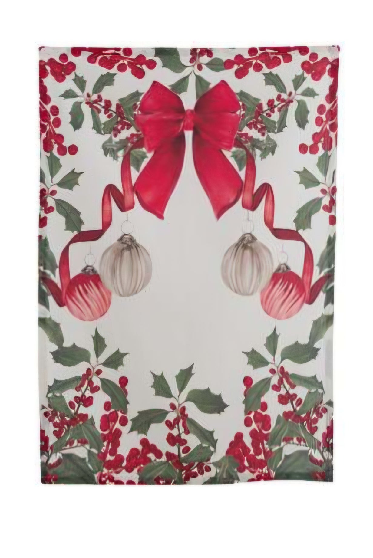 Canovaccio natalizio con cornice di agrifoglio, grande fiocco rosso superiore e quattro palline di Natale vintage appese ai nastri. Design simmetrico ed elegante su fondo chiaro.