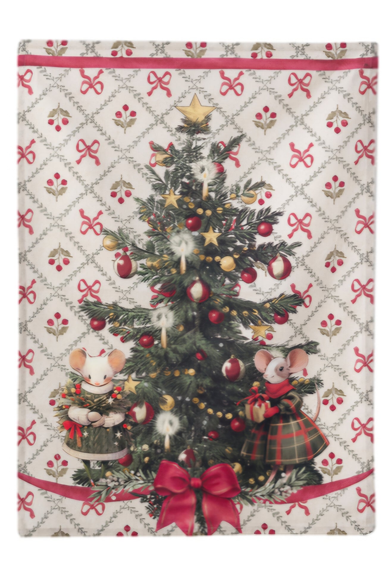 Canovaccio con grande albero di Natale addobbato al centro. Lo sfondo presenta un pattern a rombi con bacche e fiocchetti rossi. Un grande fiocco rosso decora la base dell'albero.