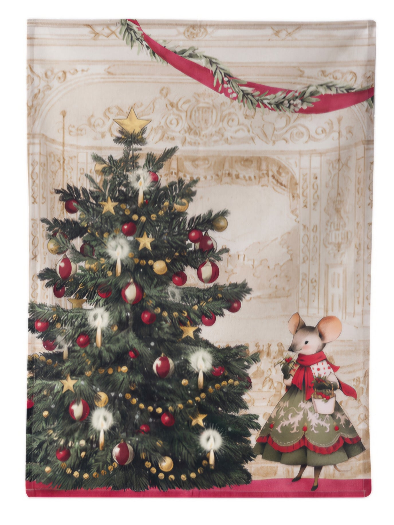 Canovaccio illustrato con un grande albero di Natale sulla sinistra e un topino in abito verde sulla destra. Lo sfondo riproduce l'interno di un teatro o di un salone d'epoca.