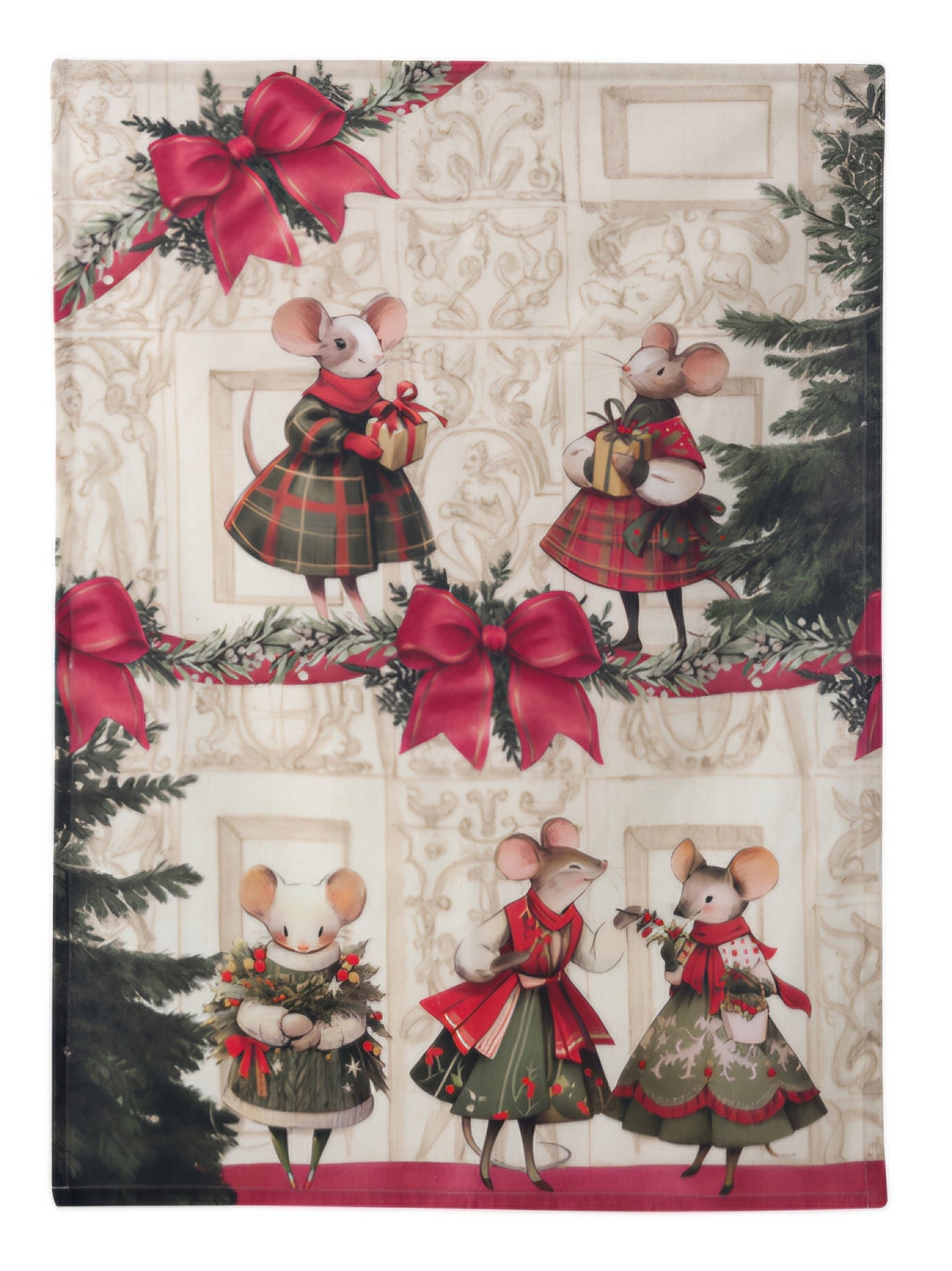 Canovaccio con sfilata di cinque topini natalizi in diverse pose e abiti vintage. Il design include ghirlande con fiocchi rossi e uno sfondo con motivi architettonici classici.